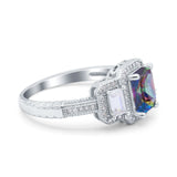 Emerald Cut Halo Engagement Ring Simulated Cubic Zirconia 925 Sterling Silver