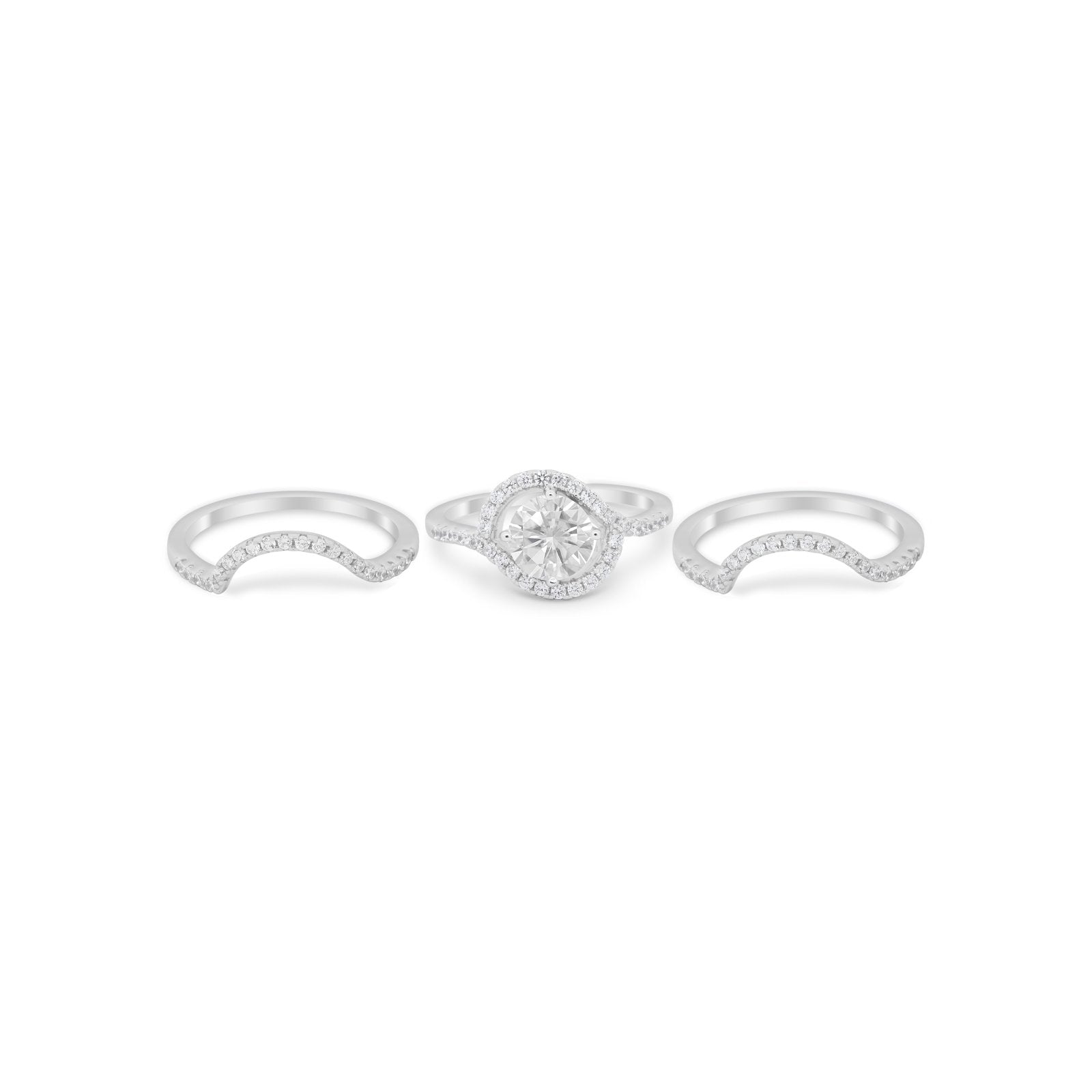Three Piece Ring Band Round Simulated Cubic Zirconia 925 Sterling Silver