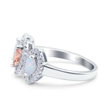 Halo Marquise Art Deco Three Stone Wedding Bridal Ring Created White Opal Round Simulated Cubic Zirconia 925 Sterling Silver