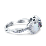 Halo Cushion Art Deco Three Stone Wedding Bridal Ring Created White Opal Round Simulated Cubic Zirconia 925 Sterling Silver