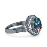 Oval Art Deco Wedding Engagement Bridal Ring Accent Vintage Round Simulated Cubic Zirconia 925 Sterling Silver