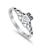 Celtic Knot Claddagh Ring Simulated Cubic Zirconia 925 Sterling Silver