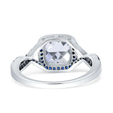 Halo Cushion Infinity Twist Side Stone Simulated Blue Sapphire CZ Engagement Ring Cubic Zirconia 925 Sterling Silver