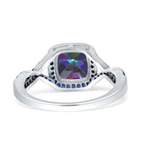 Halo Cushion Infinity Twist Side Stone Simulated Blue Sapphire CZ Engagement Ring Cubic Zirconia 925 Sterling Silver