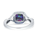 Halo Cushion Infinity Twist Side Stone Simulated Blue Sapphire CZ Engagement Ring Cubic Zirconia 925 Sterling Silver