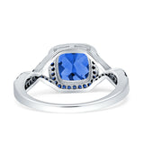 Halo Cushion Infinity Twist Side Stone Simulated Blue Sapphire CZ Engagement Ring Cubic Zirconia 925 Sterling Silver