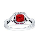 Halo Cushion Infinity Twist Side Stone Simulated Ruby CZ Engagement Ring Cubic Zirconia 925 Sterling Silver