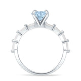 Solitaire Baguette Round Natural Aquamarine Engagement Ring 925 Sterling Silver