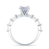 Solitaire Baguette Round Natural Moonstone Engagement Ring 925 Sterling Silver