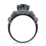 Two Sunflower Design Round Lab Alexandrite Ring 925 Sterling Silver