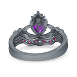 Claddagh Accent Heart Wedding Engagement Bridal Set Piece Ring Band Round Ruby Simulated Cubic Zirconia 925 Sterling Silver