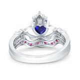 Claddagh Accent Heart Wedding Engagement Bridal Set Piece Ring Band Round Ruby Simulated Cubic Zirconia 925 Sterling Silver