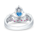 Claddagh Accent Heart Wedding Engagement Bridal Set Piece Ring Band Round Ruby Simulated Cubic Zirconia 925 Sterling Silver