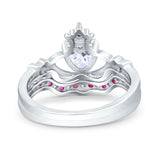 Claddagh Accent Heart Wedding Engagement Bridal Set Piece Ring Band Round Ruby Simulated Cubic Zirconia 925 Sterling Silver