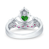 Claddagh Accent Heart Wedding Engagement Bridal Set Piece Ring Band Round Ruby Simulated Cubic Zirconia 925 Sterling Silver