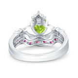 Claddagh Accent Heart Wedding Engagement Bridal Set Piece Ring Band Round Ruby Simulated Cubic Zirconia 925 Sterling Silver