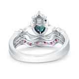 Claddagh Accent Heart Wedding Engagement Bridal Set Piece Ring Band Round Ruby Simulated Cubic Zirconia 925 Sterling Silver