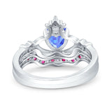Claddagh Accent Heart Wedding Engagement Bridal Set Piece Ring Band Round Ruby Simulated Cubic Zirconia 925 Sterling Silver