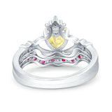 Claddagh Accent Heart Wedding Engagement Bridal Set Piece Ring Band Round Ruby Simulated Cubic Zirconia 925 Sterling Silver