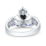 Claddagh Accent Heart Wedding Bridal Set Piece Ring Band Round Blue Sapphire Simulated Cubic Zirconia 925 Sterling Silver