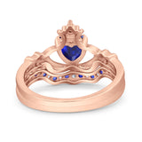 Claddagh Accent Heart Wedding Bridal Set Piece Ring Band Round Blue Sapphire Simulated Cubic Zirconia 925 Sterling Silver