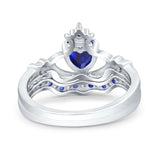 Claddagh Accent Heart Wedding Bridal Set Piece Ring Band Round Blue Sapphire Simulated Cubic Zirconia 925 Sterling Silver