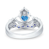 Claddagh Accent Heart Wedding Bridal Set Piece Ring Band Round Blue Sapphire Simulated Cubic Zirconia 925 Sterling Silver