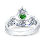 Claddagh Accent Heart Wedding Bridal Set Piece Ring Band Round Blue Sapphire Simulated Cubic Zirconia 925 Sterling Silver