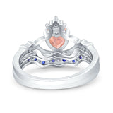 Claddagh Accent Heart Wedding Bridal Set Piece Ring Band Round Blue Sapphire Simulated Cubic Zirconia 925 Sterling Silver