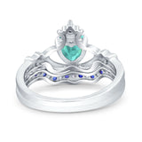 Claddagh Accent Heart Wedding Bridal Set Piece Ring Band Round Blue Sapphire Simulated Cubic Zirconia 925 Sterling Silver