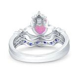 Claddagh Accent Heart Wedding Bridal Set Piece Ring Band Round Blue Sapphire Simulated Cubic Zirconia 925 Sterling Silver