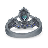 Claddagh Accent Heart Wedding Bridal Set Piece Ring Band Round Blue Sapphire Simulated Cubic Zirconia 925 Sterling Silver