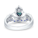 Claddagh Accent Heart Wedding Bridal Set Piece Ring Band Round Blue Sapphire Simulated Cubic Zirconia 925 Sterling Silver