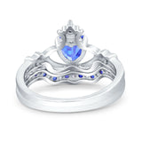 Claddagh Accent Heart Wedding Bridal Set Piece Ring Band Round Blue Sapphire Simulated Cubic Zirconia 925 Sterling Silver