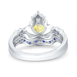 Claddagh Accent Heart Wedding Bridal Set Piece Ring Band Round Blue Sapphire Simulated Cubic Zirconia 925 Sterling Silver