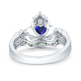 Claddagh Accent Heart Wedding Bridal Set Piece Ring Band Round Green Emerald Simulated Cubic Zirconia 925 Sterling Silver