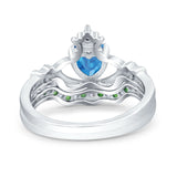 Claddagh Accent Heart Wedding Bridal Set Piece Ring Band Round Green Emerald Simulated Cubic Zirconia 925 Sterling Silver