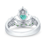 Claddagh Accent Heart Wedding Bridal Set Piece Ring Band Round Green Emerald Simulated Cubic Zirconia 925 Sterling Silver