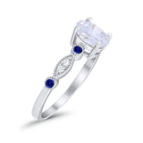 Vintage Style Oval Bridal Wedding Engagement Ring Round Blue Sapphire Simulated Cubic Zirconia 925 Sterling Silver