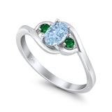 Three Stone Engagement Ring Oval Cut Round Simulated Green Emerald Cubic Zirconia 925 Sterling Silver