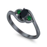 Three Stone Engagement Ring Oval Cut Round Simulated Green Emerald Cubic Zirconia 925 Sterling Silver