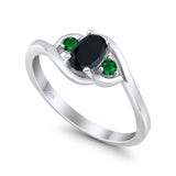 Three Stone Engagement Ring Oval Cut Round Simulated Green Emerald Cubic Zirconia 925 Sterling Silver