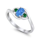 Three Stone Engagement Ring Oval Cut Round Simulated Green Emerald Cubic Zirconia 925 Sterling Silver