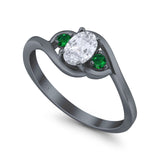 Three Stone Engagement Ring Oval Cut Round Simulated Green Emerald Cubic Zirconia 925 Sterling Silver