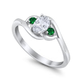 Three Stone Engagement Ring Oval Cut Round Simulated Green Emerald Cubic Zirconia 925 Sterling Silver