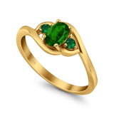 Three Stone Engagement Ring Oval Cut Round Simulated Green Emerald Cubic Zirconia 925 Sterling Silver