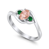Three Stone Engagement Ring Oval Cut Round Simulated Green Emerald Cubic Zirconia 925 Sterling Silver