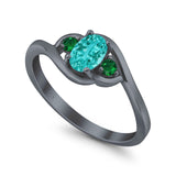 Three Stone Engagement Ring Oval Cut Round Simulated Green Emerald Cubic Zirconia 925 Sterling Silver