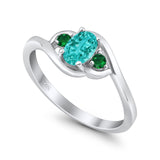 Three Stone Engagement Ring Oval Cut Round Simulated Green Emerald Cubic Zirconia 925 Sterling Silver