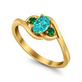 Three Stone Engagement Ring Oval Cut Round Simulated Green Emerald Cubic Zirconia 925 Sterling Silver